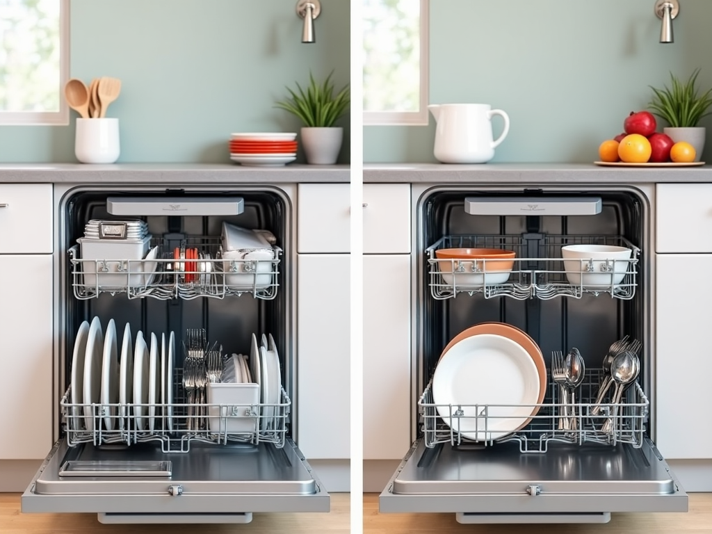 Two open dishwashers showing different arrangements of clean dishes in a modern kitchen.