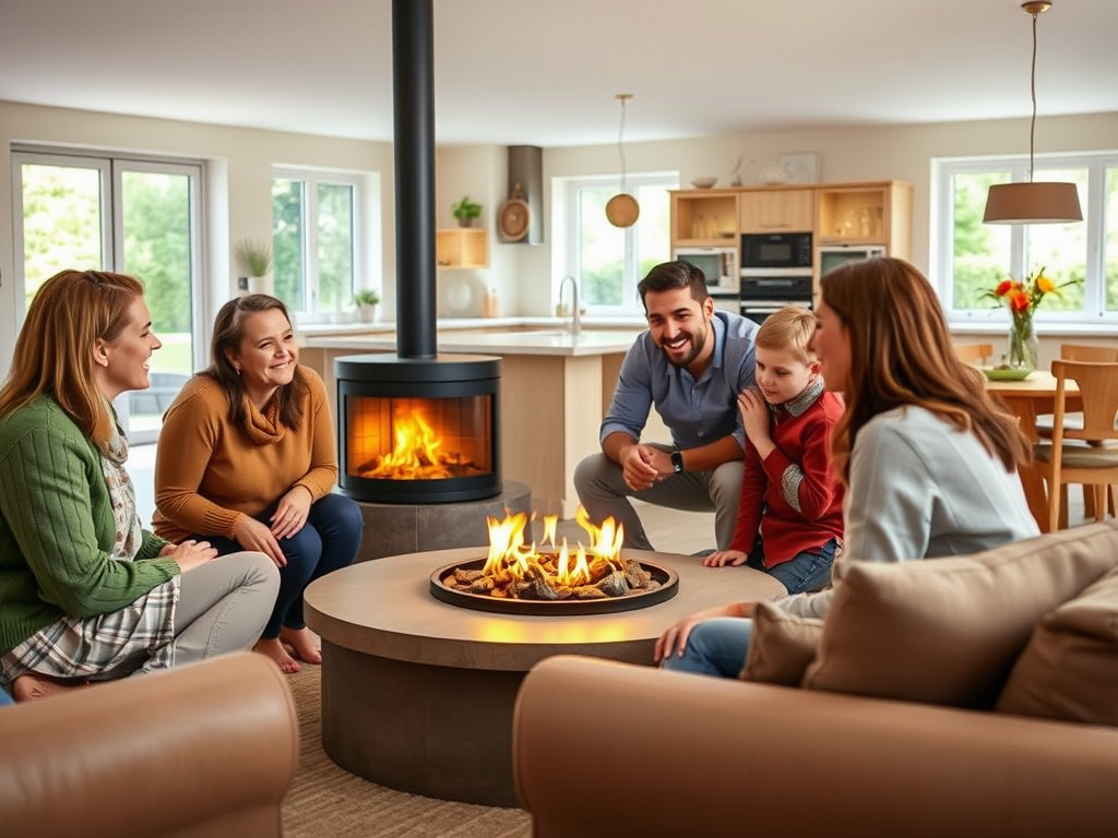 A family gathers around a fireplace, enjoying each other's company in a cozy, modern living room.