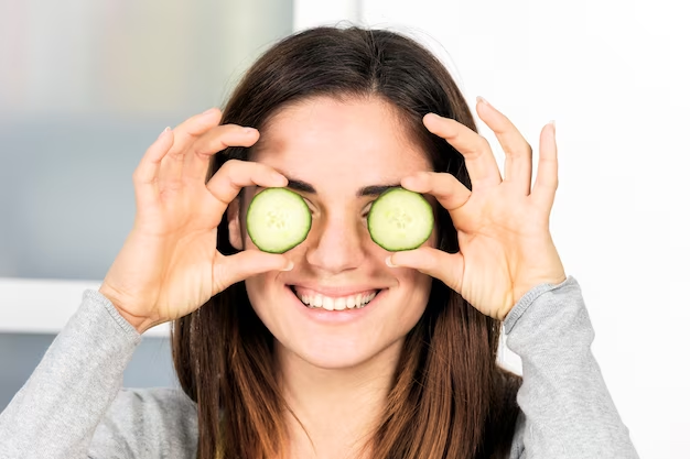 Woman holding cucumber slices on eyes - a natural remedy to reduce wrinkles without ironing