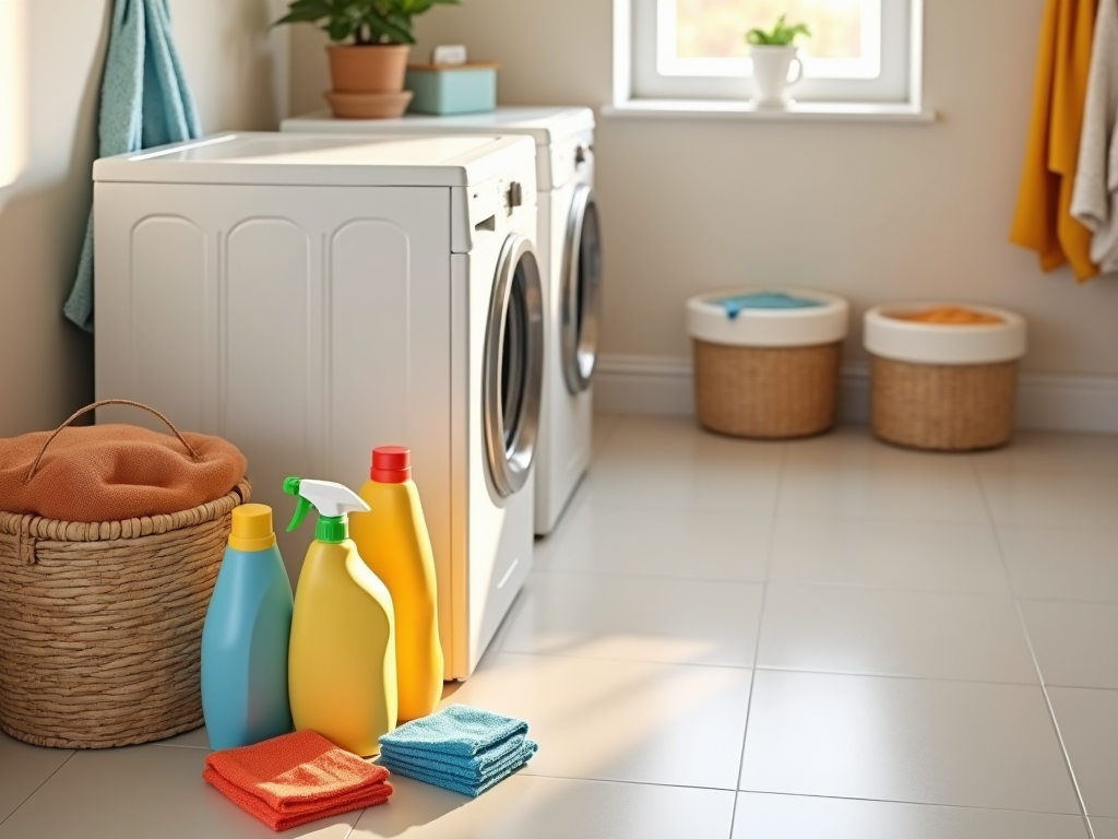 Bright laundry room with washing machine, detergent bottles, and baskets on a sunny day.