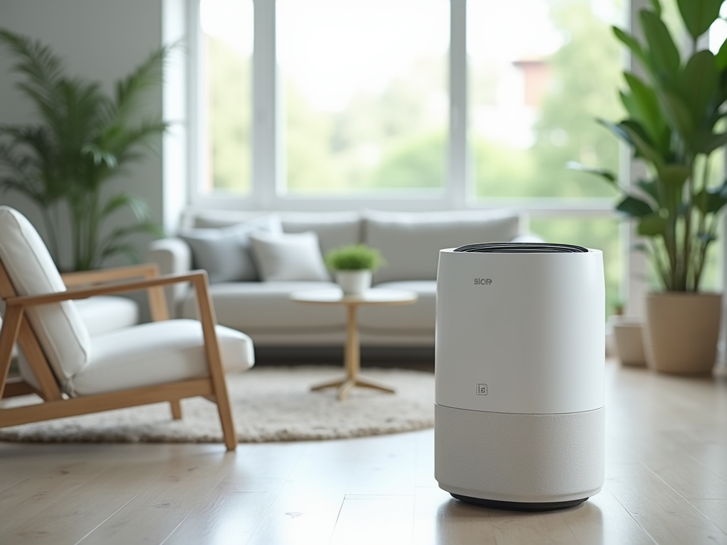 Modern air purifier in a bright living room with stylish furniture and green plants.