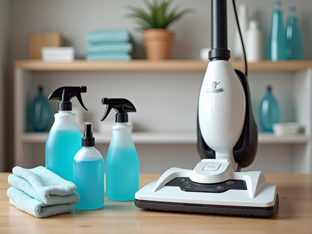 Modern cleaning supplies with a steam mop, spray bottles, and cloths on a wooden table.