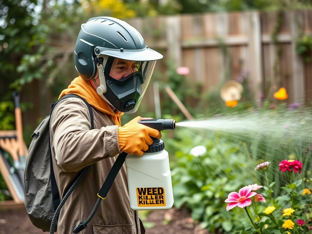 A person in protective gear sprays weed killer in a garden filled with colorful flowers.