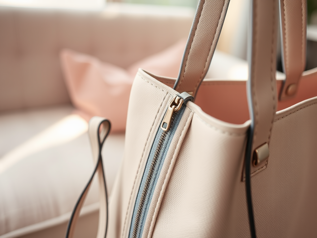 A close-up of a beige handbag with a zipper, set against a soft pink background.