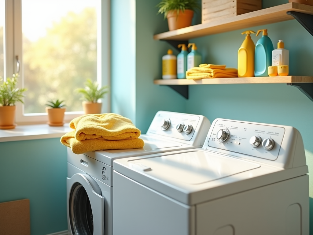 Bright laundry room with washing machine and dryer, shelves with cleaning supplies, and yellow towel.