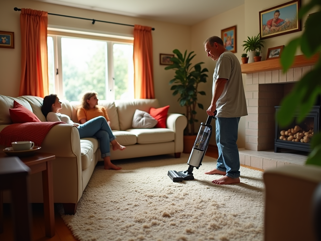 Man vacuuming living room rug while two women relax and chat on the sofa.