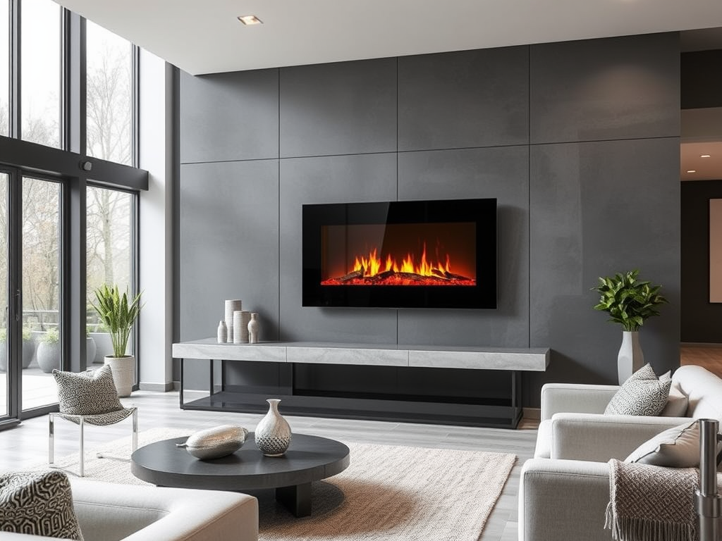 A modern living room featuring a faux fireplace on a gray wall, with a round table and comfortable seating.