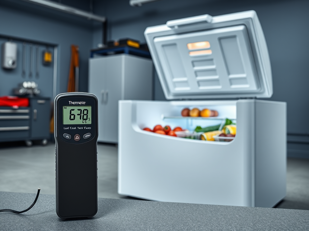 A digital thermometer displaying 67.8°F in a kitchen with an open freezer full of fruits and vegetables.