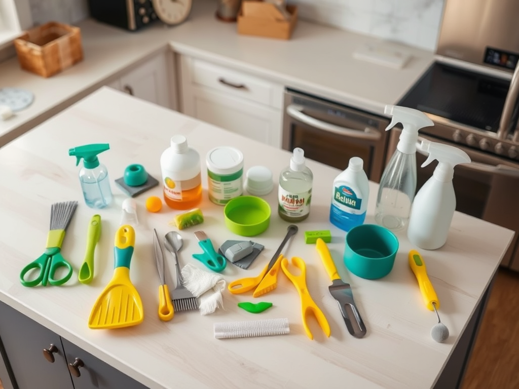 A variety of cleaning supplies and tools arranged on a kitchen countertop, including sprays, brushes, and containers.