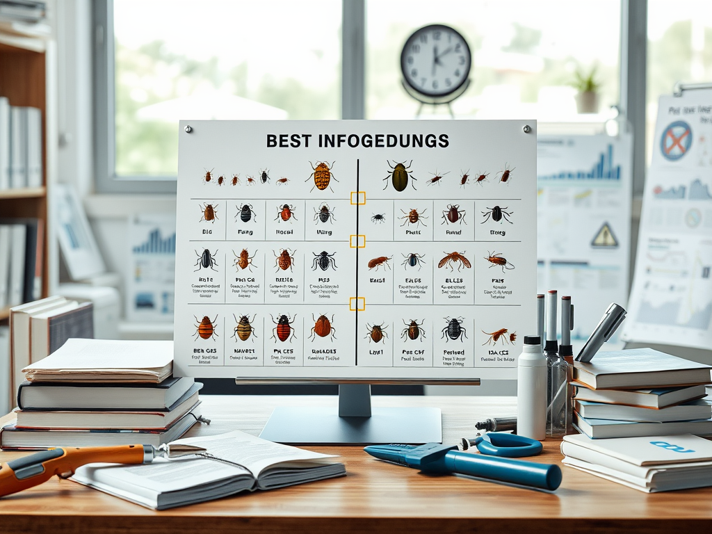 A monitor displays a chart titled "Best Infestations" with various images of bugs, surrounded by books and stationery.