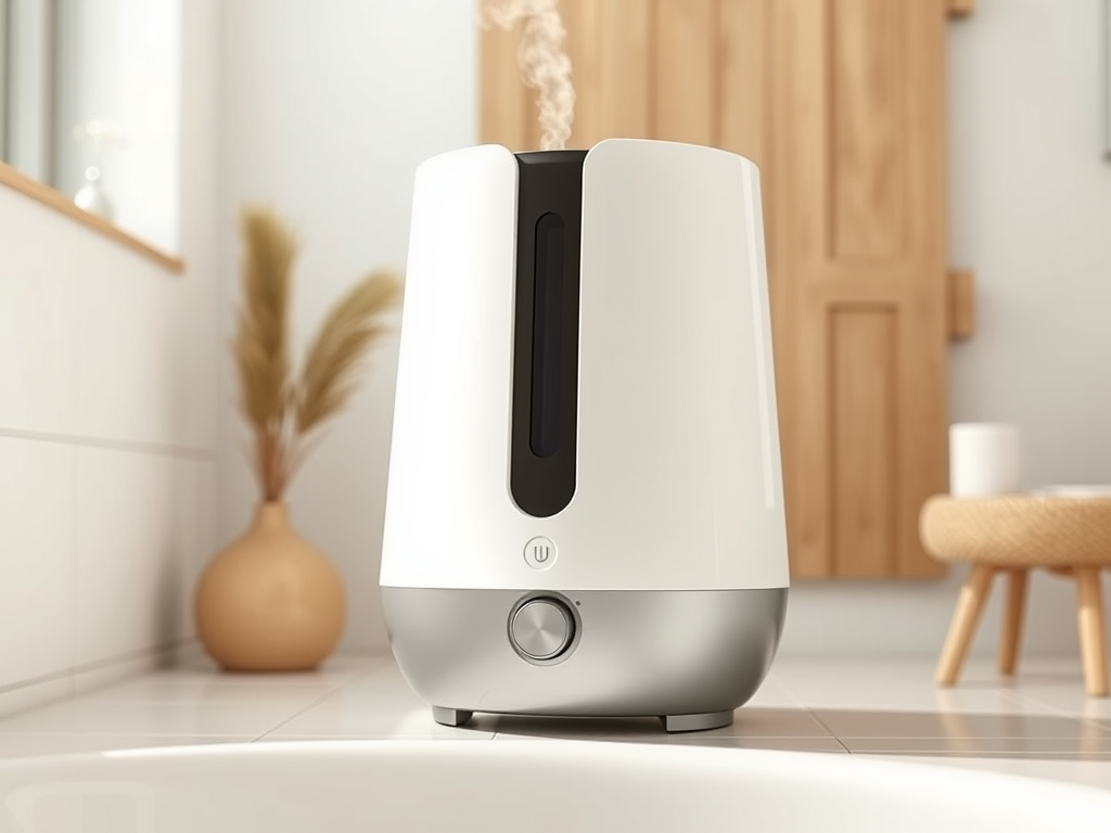 A modern white humidifier emits steam in a bright, minimalistic bathroom setting with plants and wooden decor.