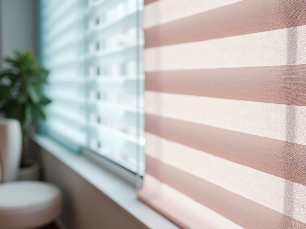 Sunlight softly filters through striped window blinds in a serene room.