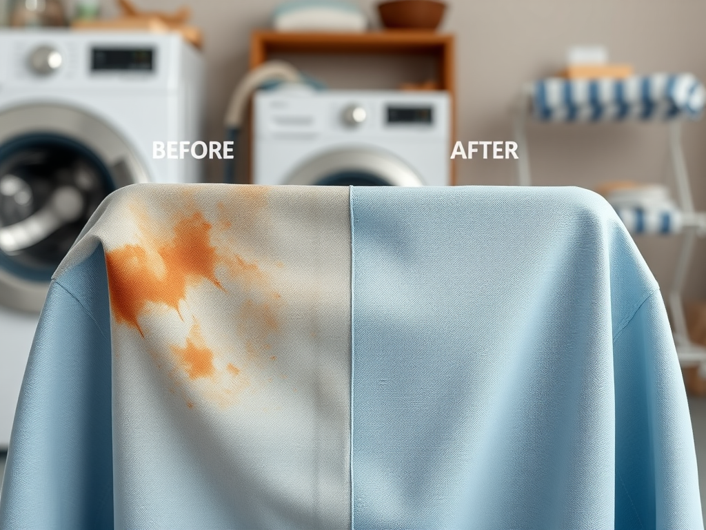 A piece of fabric is shown with a stain on one side labeled "BEFORE" and the clean side labeled "AFTER".