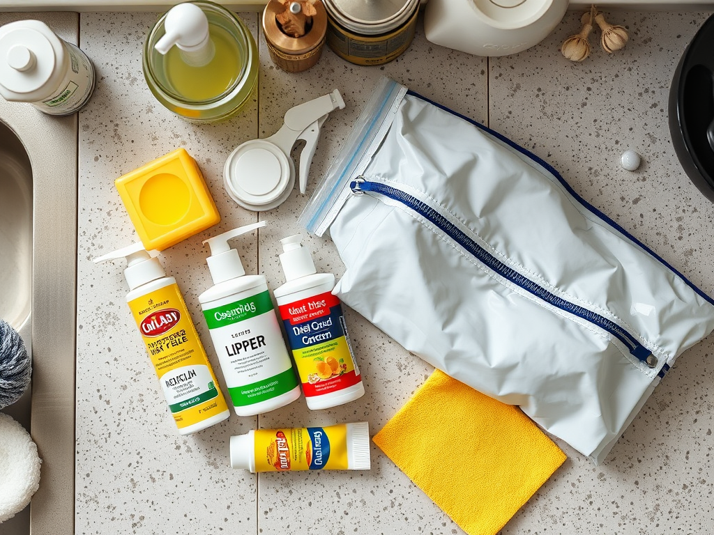 A flat lay arrangement of cleaning products, a yellow cloth, and a zippered storage bag on a countertop.