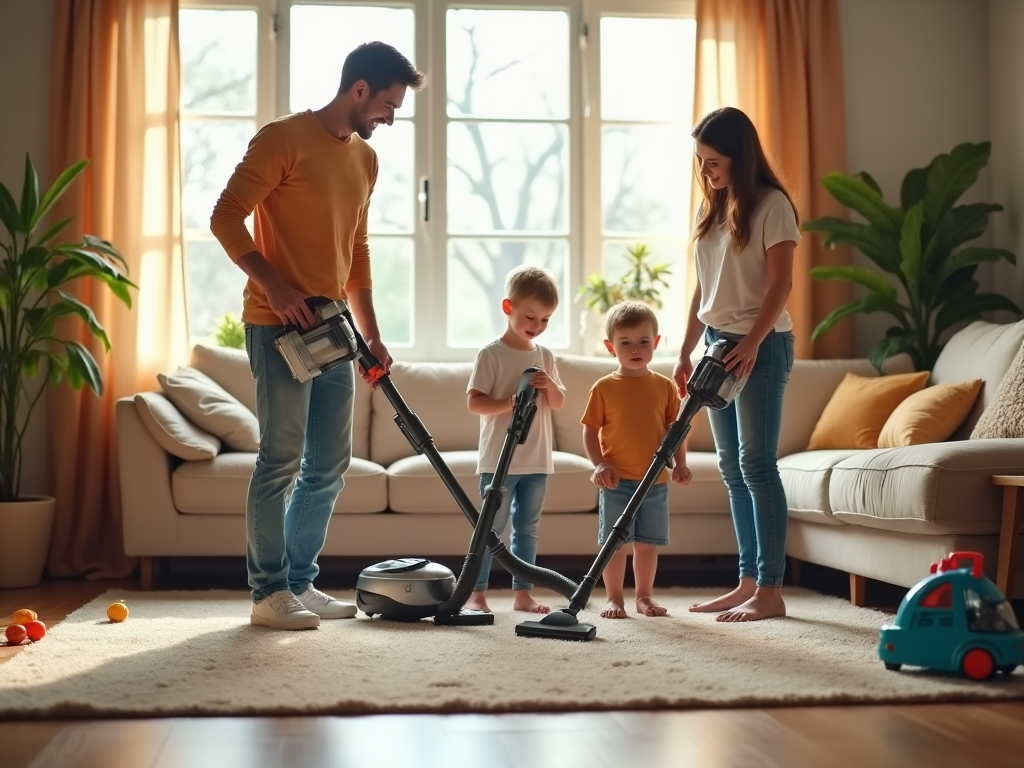 Family with two young boys cleaning the living room floor together using vacuum cleaners.