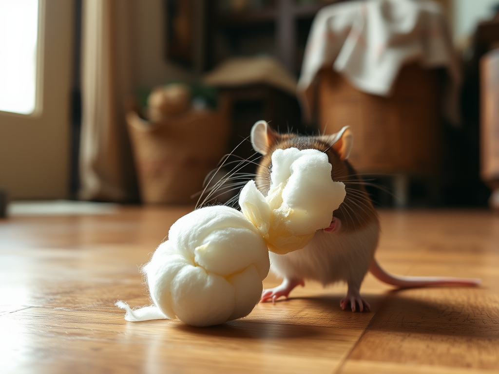 A small rat holds a fluffy white tuft of cotton in its paws, sitting on a wooden floor in a cozy room.