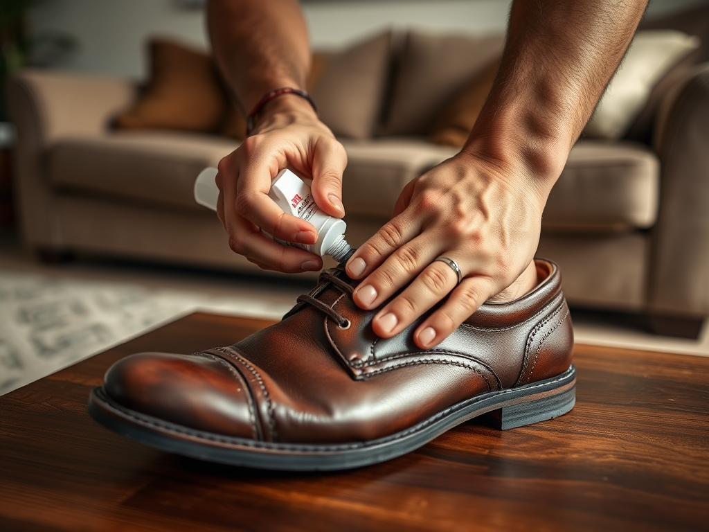 A person applying shoe polish to a brown dress shoe while resting it on a wooden table.