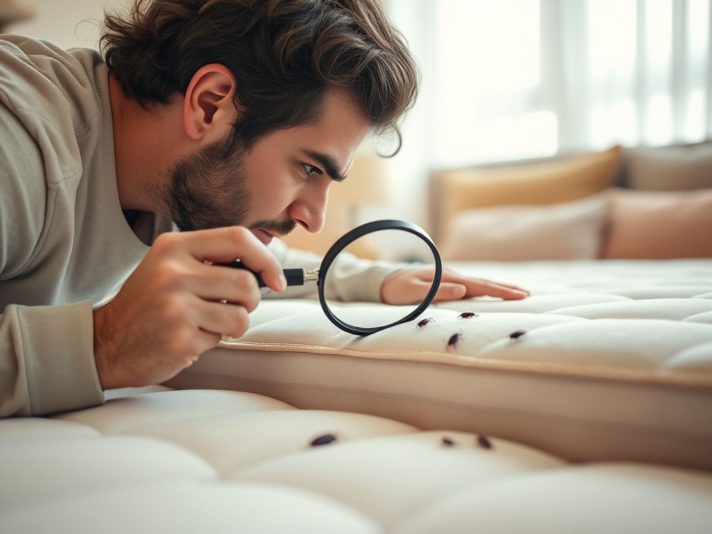 A man inspects a mattress closely with a magnifying glass, examining visible bugs on its surface.