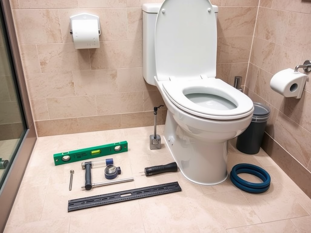 A bathroom with a white toilet and various plumbing tools arranged on the floor, including a level and plunger.