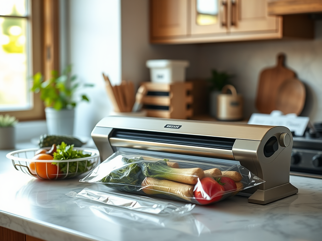 A modern vacuum sealer on a kitchen counter, surrounded by fresh vegetables in a bowl and bags.