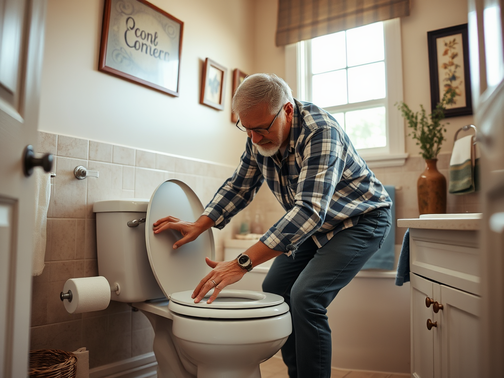 A senior man in a checked shirt is fixing a toilet in a well-decorated bathroom.