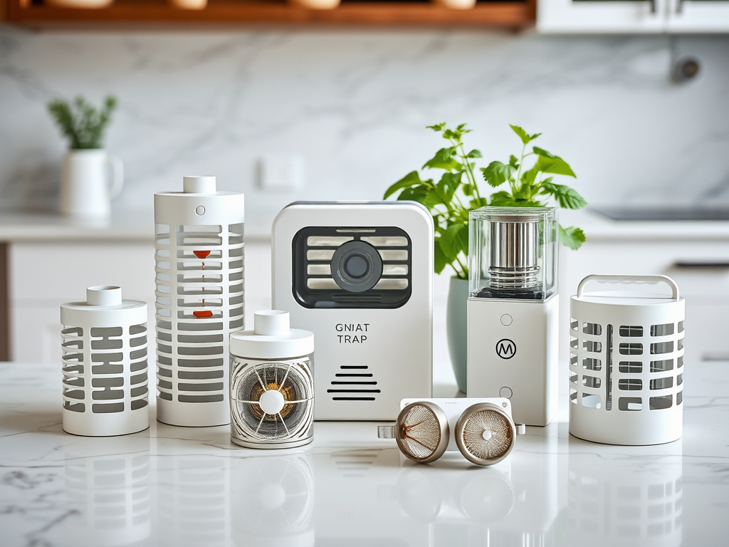 A collection of white pest control devices and a small green plant on a kitchen counter.