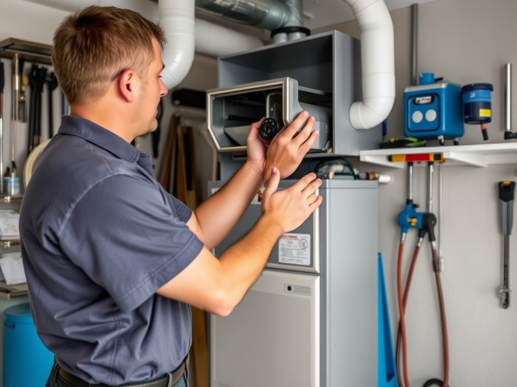 A technician adjusts equipment on a furnace in a maintenance workshop, surrounded by tools and supplies.