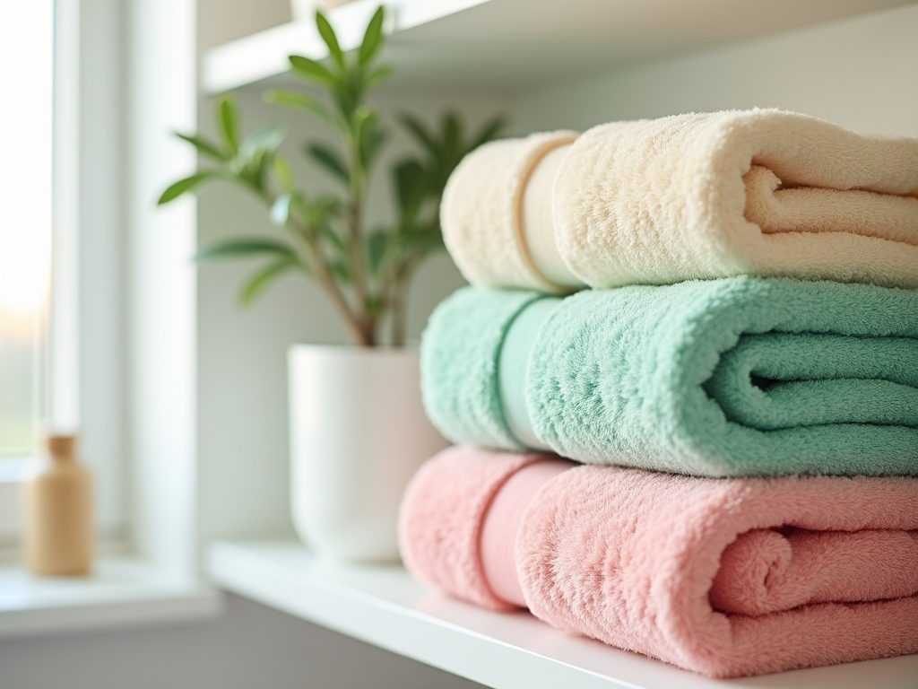 Stack of colorful towels with a potted plant near a window, in a bright, serene setting.