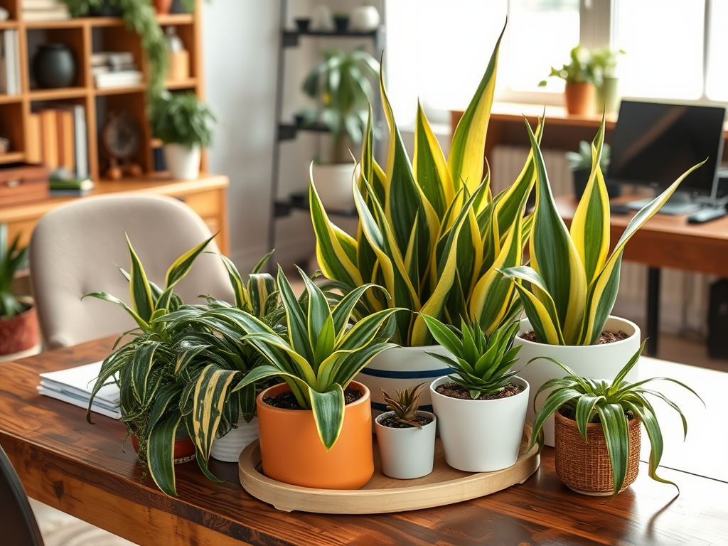 A variety of potted plants in different containers arranged on a wooden table in a bright, modern office setting.