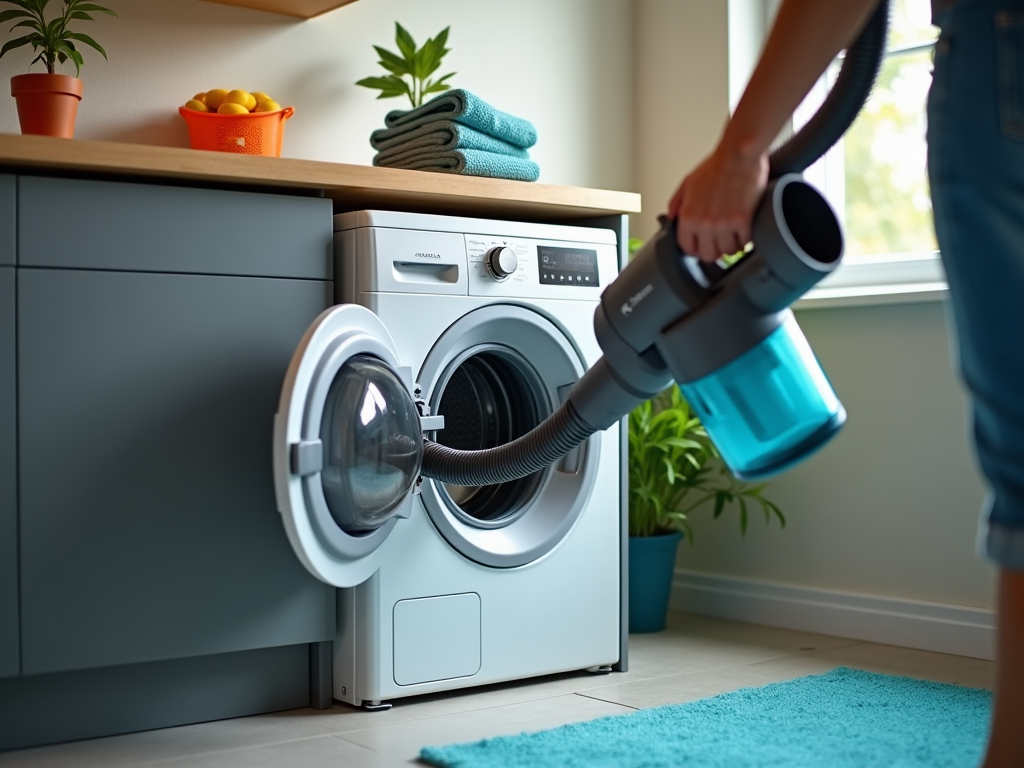 Person vacuuming near a washing machine in a modern laundry room.