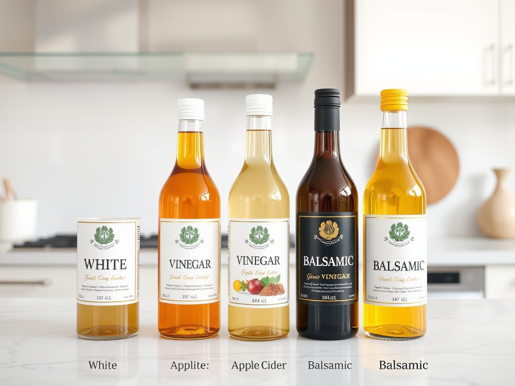 Five bottles of vinegar labeled as White, Apple Cider, and two Balsamic varieties, displayed on a kitchen counter.