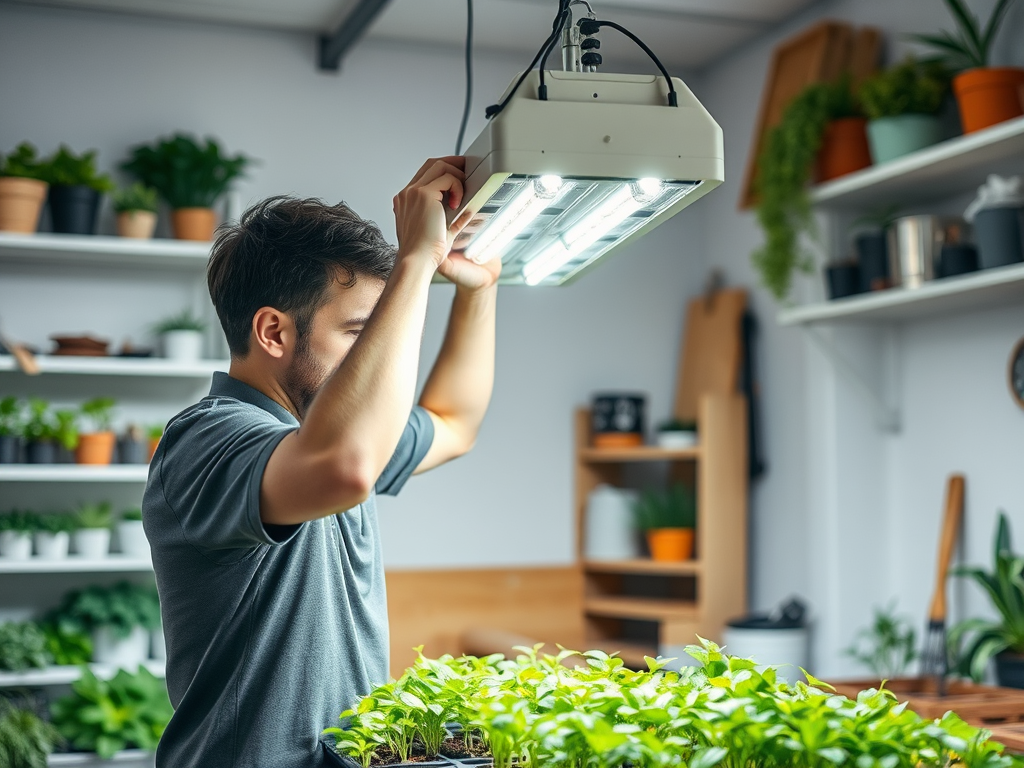 A person adjusts a grow light above young plants in a bright indoor garden space filled with various greenery.