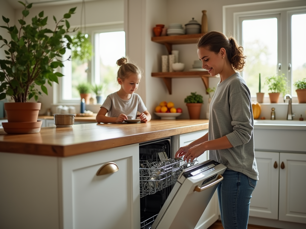 Mother and daughter in a kitchen, mom loading dishwasher while daughter watches.