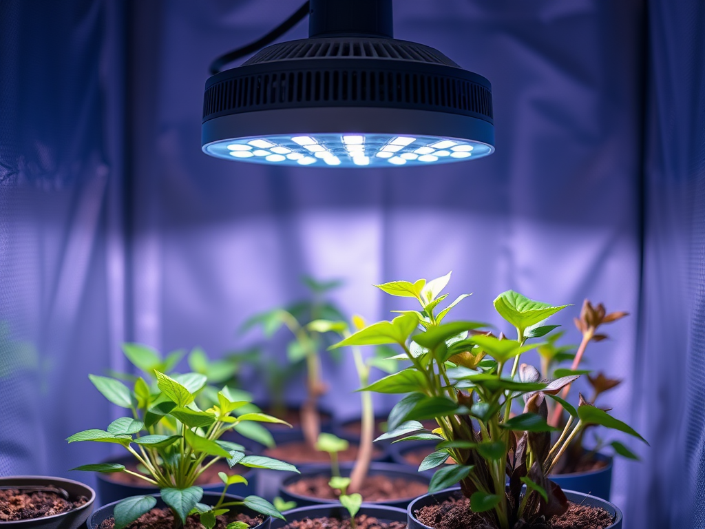 Indoor plants growing under a bright LED grow light, showcasing vibrant green foliage in pots on dark soil.