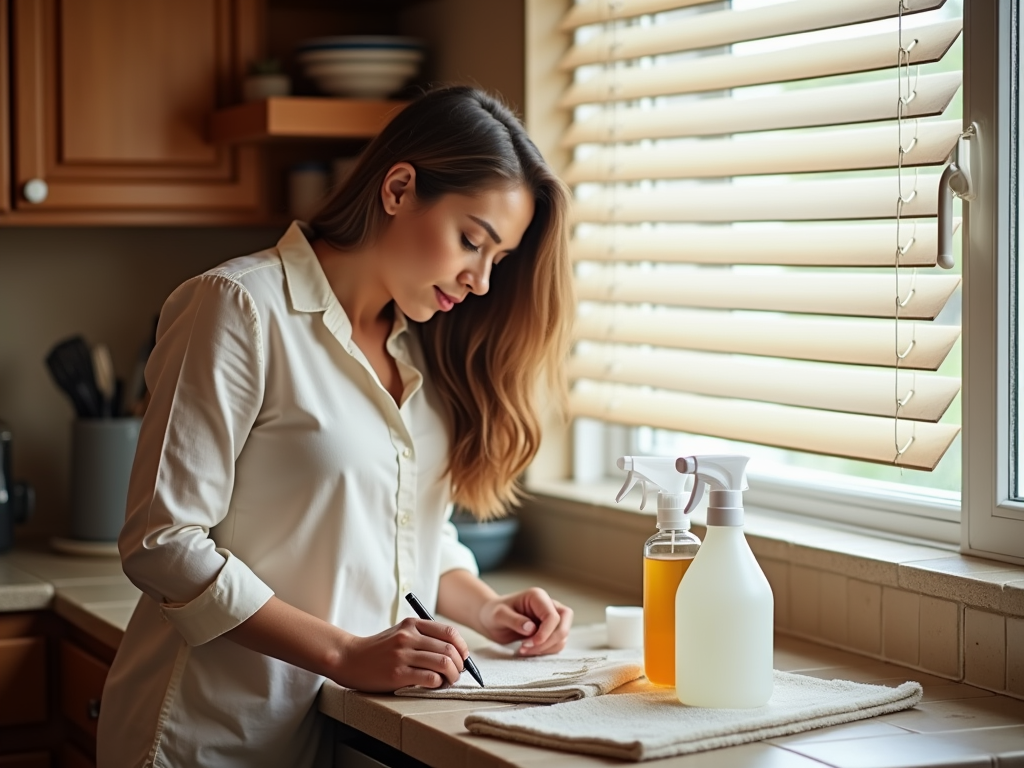 Woman in a white shirt writing notes in a kitchen, with cleaning bottles nearby and sunlight through blinds.