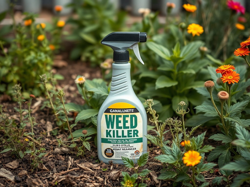 A spray bottle of weed killer labeled "Ganallenet's Weed Killer" in a garden with various colorful flowers.