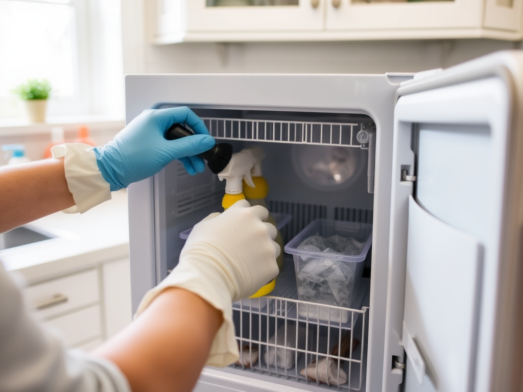 A person in gloves cleans the interior of a freezer, holding a spray bottle and a brush.