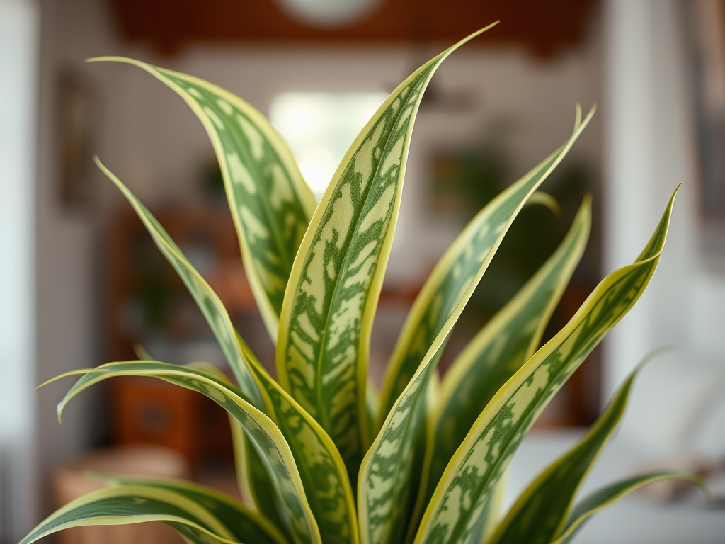 A close-up of a vibrant green plant with long, patterned leaves in a cozy indoor setting.