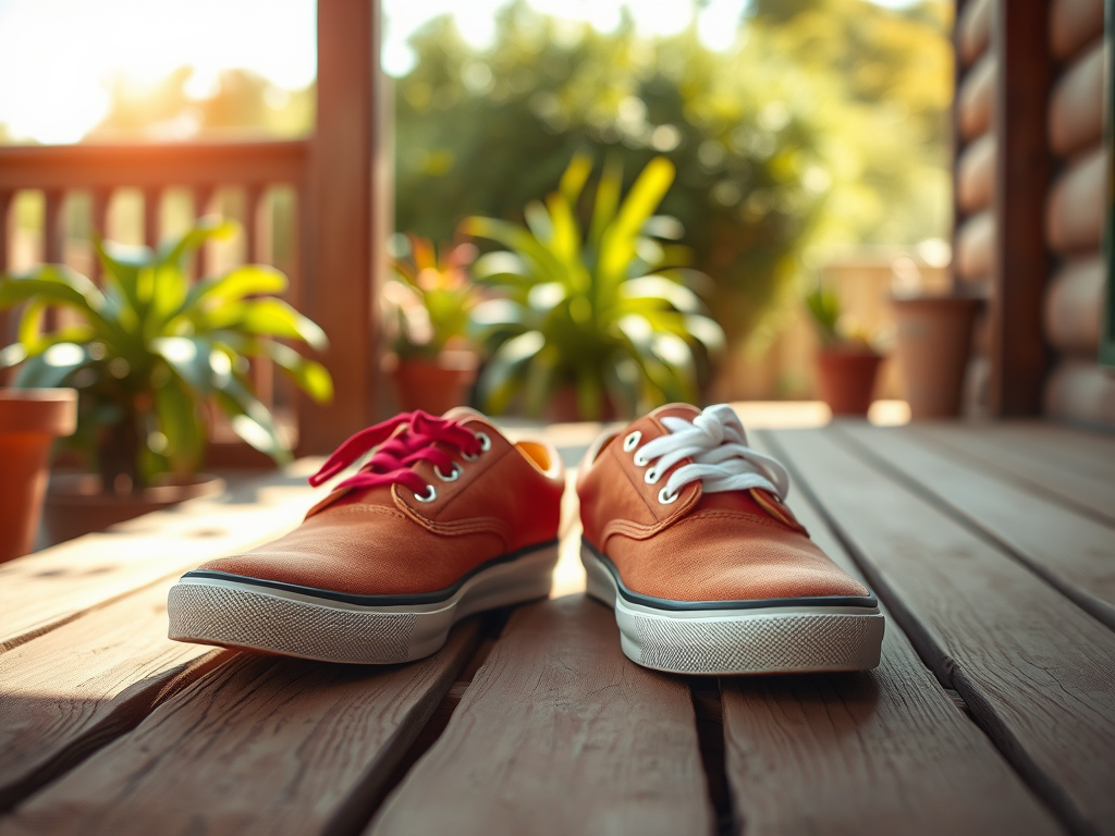 A pair of vibrant orange sneakers, one with red laces and the other with white laces, on a wooden deck surrounded by plants.