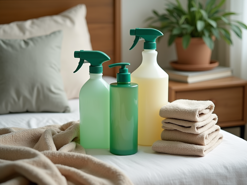 Three cleaning spray bottles and a stack of towels on a bed in a cozy room.