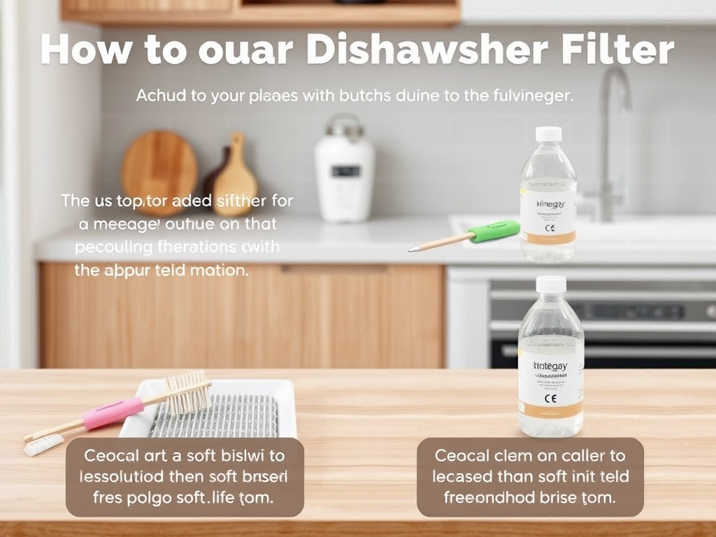 Image shows how to maintain a dishwasher filter with cleaning tools and products on a kitchen counter.