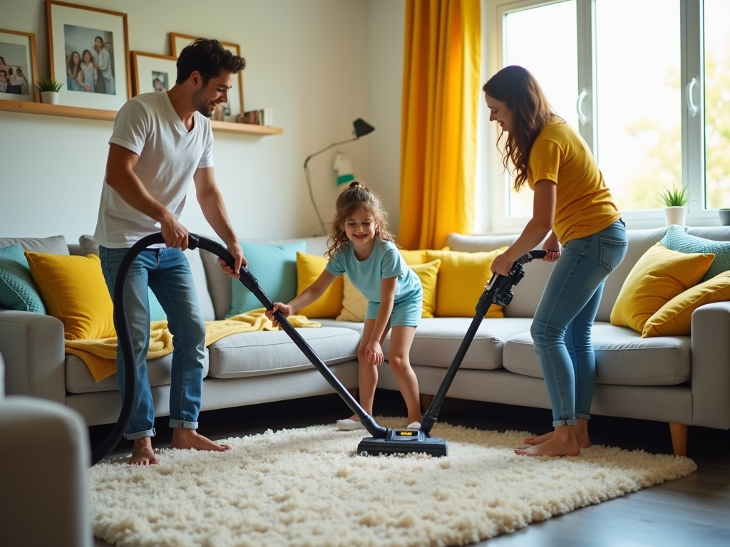 Family cleaning living room carpet with vacuum cleaners, laughing and enjoying housework together.