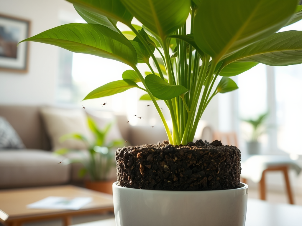 A close-up of a potted plant with large green leaves, surrounded by small flying insects, in a bright living room.