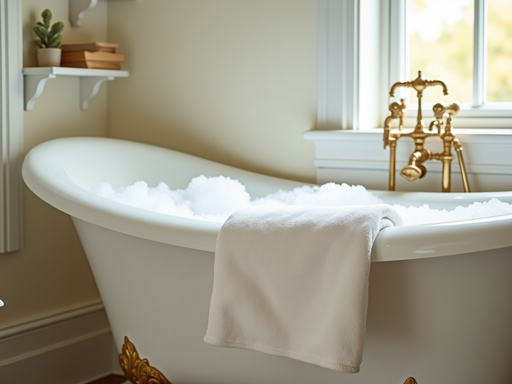 Classic clawfoot bathtub filled with bubbles, with a white towel draped over the side next to a window.