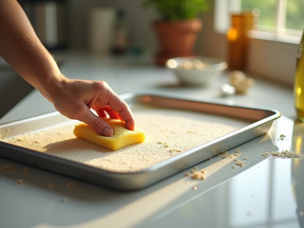 Hand pressing a yellow sponge on bread crumbs scattered across a baking tray in a sunny kitchen.