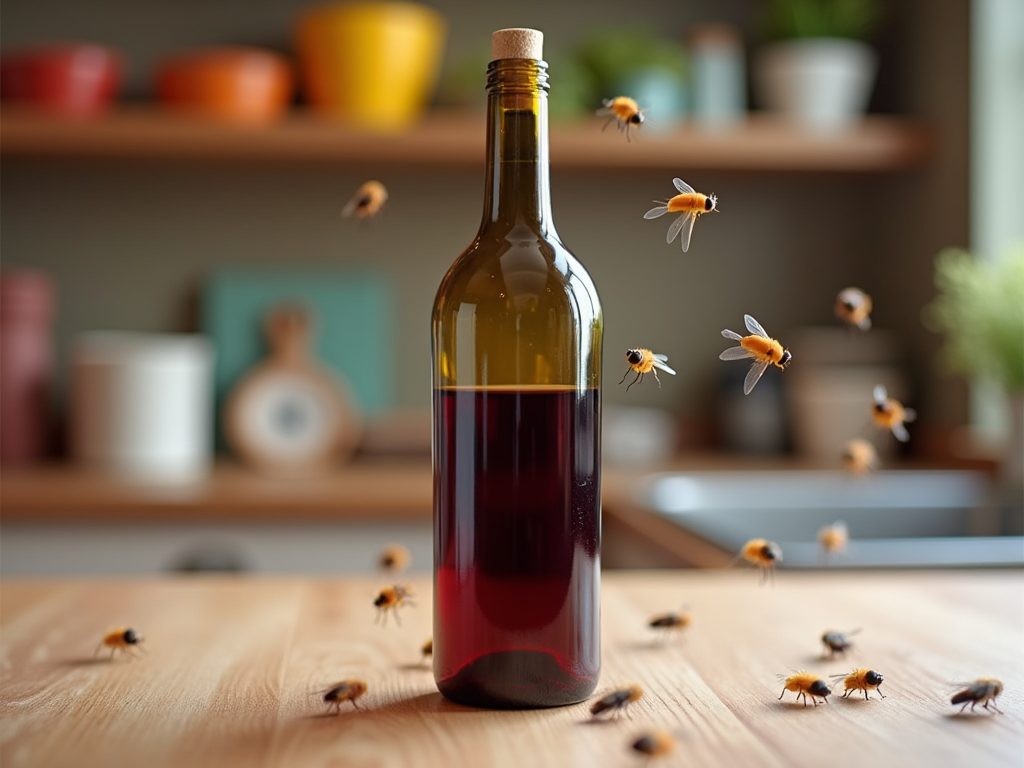 Bottle of red liquid surrounded by flying bees on a wooden table in a cozy kitchen setting.