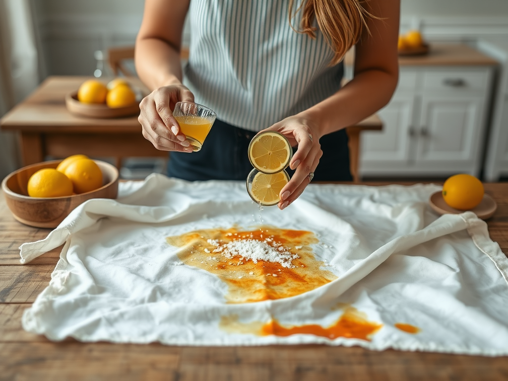 A person prepares lemons and a small glass of juice, spilling liquid onto a white cloth on a wooden table.